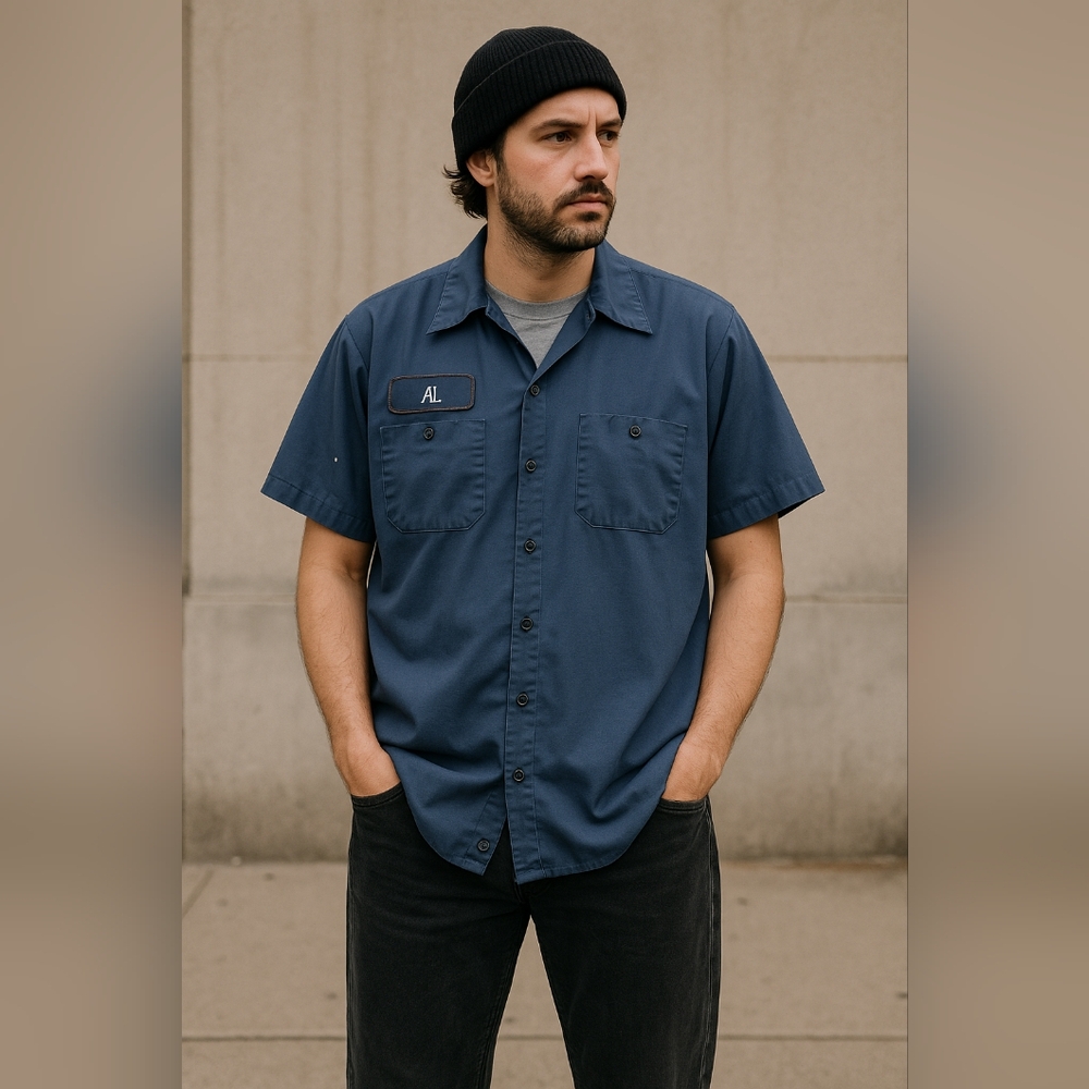 Vintage USA-Made Work Shirt “Al” Patch XL – Distressed Garage Grunge Paint Marks